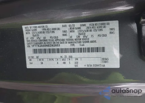 2022 Ford F-250 Lariat из США, поврежденный, VIN 1FT7X2A65NED82853